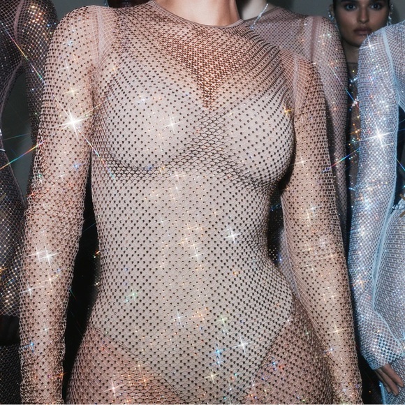 💎💘SWAROVSKI X SKIMS💘💎 STRETCH NET LONG SLEEVE DRESS- BUBBLEGUM, XS - NWT - Picture 3 of 5